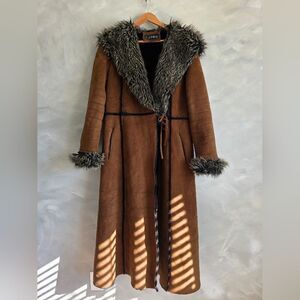 Vtg Brown Faux Suede Fur Hooded Full Length Long Afghan Penny Lane Coat Sz M